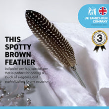 Load image into Gallery viewer, STRIPED, BROWN FEATHERED BALL POINT PEN | Feather Pen | Special Pen | Wizards Pen | Guest Book Pen | Wedding Pen