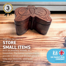 Load image into Gallery viewer, 4-piece Butterfly Wooden Puzzle Box | Wooden Butterfly Puzzle Box | Handmade wooden puzzle box | Handmade Wooden trinket secrets Box | Sustainable Shesham wooden hand carved box | 12cm (w) x 5cm (h)