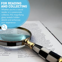 Load image into Gallery viewer, Magnifying Glass with Mother of Pearl Inlay and ball and chess patterned handle, elegant decorative handheld magnifier for reading and collecting
