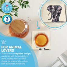 Load image into Gallery viewer, ELEPHANT STONE COASTER | Stone Coasters | Animal novelty gift | Coaster for glass, mugs and cups| Square coaster for drinks | Elephant gift | Meg Hawkins art | 10cm x 10cm
