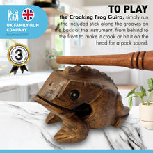 Load image into Gallery viewer, WOODEN CROAKING FROG GUIRO in a gift Box | Percussion Instrument | Fair Trade Percussion Instrument| Musical Instrument Sound Block | Childrens Musical Instrument| Frog| Wooden Frog
