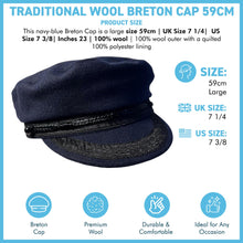 Load image into Gallery viewer, Traditional Wool Breton Cap | Size 59cm, large,  Captain Fisherman Mariner Yachtsman Sailors, Fiddlers Cap,  Baker Boy flat cap, skipper, classic peaked French and Greek boatman's hat