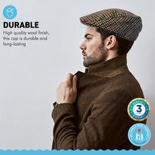 Load image into Gallery viewer, Unisex 58cm M/L TWEED Flat Cap |Mixed Wool Polyester Green Tweed Country Cap | Tweed Hat | Peaked Cap | Black Quilted Lining