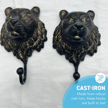 Load image into Gallery viewer, Set of Two Sturdy Wall-Mounted Cast Iron Lion Head Hook Hanger for Hats, Coats, Clothes - Perfect for Kitchen, Bathroom, Bedroom, Office