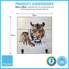 Load image into Gallery viewer, Rustic Wooden Design Tiger Plaque Wall Hooks | 30cm x 30cm wooden plaque | supplied with two hooks attached | wall hanging fixings attached | Wildlife art