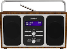 Load image into Gallery viewer, Majority Girton Radio, DAB, DAB+ Digital and FM, Portable, Battery and Mains Powered, Dual Alarm, 20 Preset Stations, 3.5mm Headphone Jack, Sleep Timer, Snooze, LCD Display – Walnut