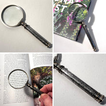 Load image into Gallery viewer, Vintage Silver Handheld Magnifier with geometric patterned handle, perfect for reading, crafting and precision work