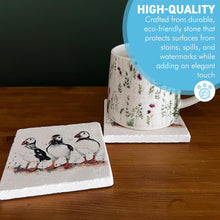 Load image into Gallery viewer, Two Puffin Stone Coasters with watercolour illustration, Decorative Wildlife Coasters, British artist, Meg Hawkins