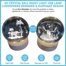 Load image into Gallery viewer, Set of Two 3D Crystal Ball Night Light USB Lamp with Reindeer and Elephant designs, elegant modern illumination for any room