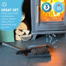 Load image into Gallery viewer, FIRESIDE BRUSH and  ASH SHOVEL set | Tidy clean log burner stove | Powder coated black finish | Hearth Iron Fireside Tidy Set | Ash Pan and brush set | Durable Steel set with Fireplace Dustpan and Brush | Coal Shovel