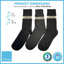 Load image into Gallery viewer, CAPTAIN, FIRST MATE AND SKIPPER SOCKS | 3 x Pairs of Socks | Sailing Gift | Gifts for boat owners | Nautical socks | Cotton rich | Adult Size UK 6-12 EU 39-46