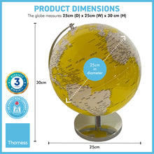 Load image into Gallery viewer, YELLOW WORLD GLOBE | Globes of the world | World globe for adults | Earth globe | Desk ornament | Explorers gift | World globe | 25cm (D) x 25cm (W) x 30 cm (H)