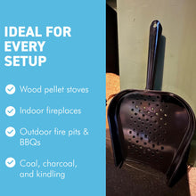 Load image into Gallery viewer, 𝗘𝗡𝗔𝗠𝗘𝗟𝗟𝗘𝗗 𝗦𝗧𝗘𝗘𝗟 𝗪𝗢𝗢𝗗𝗙𝗜𝗥𝗘 𝗣𝗘𝗟𝗟𝗘𝗧 & 𝗖𝗢𝗔𝗟 𝗦𝗛𝗢𝗩𝗘𝗟 – High Gloss Black Metal Scoop| 35.5cm (L) | Dust-Free | Easy Scooping | Durable | BBQ cooking