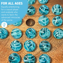 Load image into Gallery viewer, 22cm Diameter wooden SOLITAIRE BOARD GAME with BRILLIANT BLUE OXYGEN GLASS MARBLES | classic wooden solitaire game | strategy board game | family board game | games for one | board games