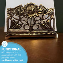 Load image into Gallery viewer, Art Nouveau Style Polished Brass Sunflower Letter Rack – Decorative Notelet & Letter Holder for Home or Office