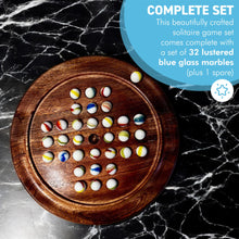 Load image into Gallery viewer, 22cm Diameter wooden SOLITAIRE BOARD GAME with OLD GLORY WHITE SWIRL GLASS MARBLES | classic wooden solitaire game | strategy board game | family board game | games for one | board games