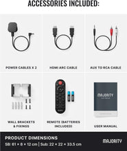 Load image into Gallery viewer, Refurbished Majority BLUETOOTH SOUND BAR FOR TV | 2.1 Channel 300W Home Cinema Sound System | Wireless Subwoofer | Wall Mountable | HDMI ARC, Optical, AUX, USB Playback | Remote & Brackets Included Naga 60 Plus