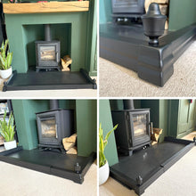 Load image into Gallery viewer, 𝗔𝗗𝗝𝗨𝗦𝗧𝗔𝗕𝗟𝗘 𝗕𝗟𝗔𝗖𝗞 𝗙𝗜𝗥𝗘 𝗙𝗘𝗡𝗗𝗘𝗥 𝗪𝗜𝗧𝗛 𝗕𝗟𝗔𝗖𝗞 𝗙𝗜𝗡𝗜𝗔𝗟𝗦 (𝟭𝟰𝟱𝗰𝗺 𝗠𝗮𝘅 𝗟𝗲𝗻𝗴𝘁𝗵) | Self Assembly | Fireplace Hearth Guard | Protective Barrier to prevent Ash & Spark damage