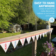 Load image into Gallery viewer, Cotton Lighthouse Bunting (195cm long) for Coastal Dรฉcor and Celebrations,12 Flags, Red & Blue Nautical Theme, Reusable & Washable