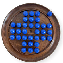Load image into Gallery viewer, 30cm Diameter DARK WOOD SOLITAIRE BOARD GAME with OPAL BLUE Glass Marbles | |classic wooden solitaire game | strategy board game | family board game | games for one | board games