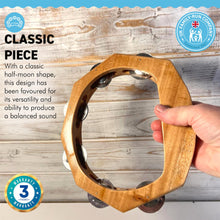 Load image into Gallery viewer, Handheld headless HALF-MOON WOODEN TAMBOURINE 22cm wide | Traditional single jingle bell row | Educational musical instrument | Musical Instrument for Children Adults Music Classes
