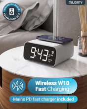 Load image into Gallery viewer, MAJORITY Bluetooth Bedside FM Radio Alarm Clock | Wireless Charging for Phones| 12W Stereo Sound with Dual Alarm, Built-in Thermometer, and 30 Presets | Large Dimmable Display Darwin digital clock