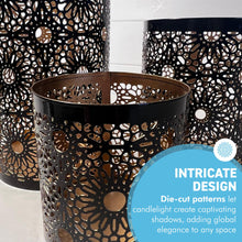 Load image into Gallery viewer, Set of 3 Moroccan-Style Round Tea Light Holders, Arabic Design, Black & Gold Metal Finish - Perfect for Home Decor