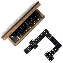 Load image into Gallery viewer, 𝗛𝗔𝗡𝗗𝗖𝗥𝗔𝗙𝗧𝗘𝗗 𝗪𝗢𝗢𝗗𝗘𝗡 𝗗𝗢𝗠𝗜𝗡𝗢 𝗦𝗘𝗧 with Silver Inlay and Acrylic Hinged Lid – Black & Natural Wood, Elegant Game Night Gift