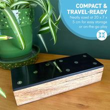 Load image into Gallery viewer, 𝗛𝗔𝗡𝗗𝗖𝗥𝗔𝗙𝗧𝗘𝗗 𝗪𝗢𝗢𝗗𝗘𝗡 𝗗𝗢𝗠𝗜𝗡𝗢 𝗦𝗘𝗧 with Silver Inlay and Acrylic Hinged Lid – Black & Natural Wood, Elegant Game Night Gift