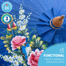 Load image into Gallery viewer, FLORAL OILED PAPER SUNSHADE PARASOL | Sun Protection | Wedding Accessories | UV Protection | Pink and Blue Flowers | Butterflies| Blue
