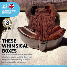 Load image into Gallery viewer, 7-piece Frog Wooden Puzzle Box | Wooden Frog Puzzle Box | Handmade wooden puzzle box | Handmade Wooden trinket secrets Box | Sustainable Shesham wooden hand carved box | 14cm (w) x 5cm (h)