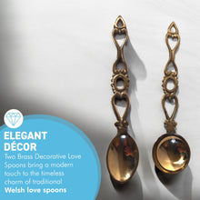Load image into Gallery viewer, Set of 2 brass Love Spoons, decorative wedding tokens, rustic altar spoons, country kitchen decor, perfect housewarming gift