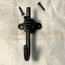 Load image into Gallery viewer, Antique style Iron Coat Hook, Single Hand Grasping Shepherd's Staff Design, 90mm Cast Iron Wall Mount