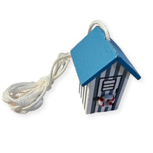 Load image into Gallery viewer, Light Blue and white beach hut light pull | Nautical Theme Wooden Beach Hut Cord Pull Light Pulls