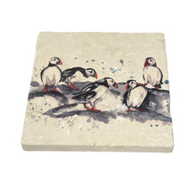 Load image into Gallery viewer, PUFFIN STONE COASTER | Stone Coasters | Animal novelty gift | Coaster for glass, mugs and cups| Square coaster for drinks | Puffin gift | Meg Hawkins art | 10cm x 10cm
