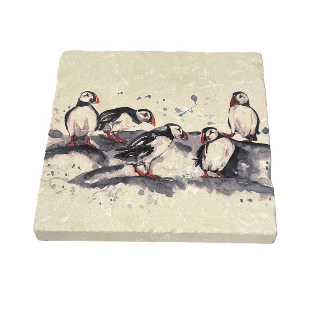 PUFFIN STONE COASTER | Stone Coasters | Animal novelty gift | Coaster for glass, mugs and cups| Square coaster for drinks | Puffin gift | Meg Hawkins art | 10cm x 10cm