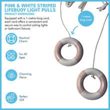 Load image into Gallery viewer, Set of 2 Nautical Wooden Cord Pulls with pink and white lifebuoy, Coastal Decor