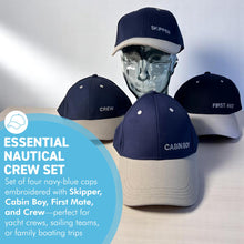 Load image into Gallery viewer, Set of 4 Adjustable Navy-Blue Baseball Caps, Skipper, First Mate, Crew & Cabin Boy, Nautical Boating Hats for Sailing, Yachting & Team Uniform