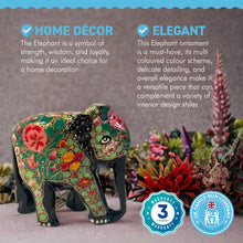 Load image into Gallery viewer, BLACK, GREEN AND PINK PAPER MACHE ELEPHANT ORNAMENT | Animal Decoration | Wildlife Sculpture | Paper Mache Animal | Multi Coloured| Home Decor | Elephants represent Good Luck