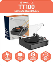 Load image into Gallery viewer, 𝗩𝗜𝗡𝗬𝗟 𝗥𝗘𝗖𝗢𝗥𝗗 𝗣𝗟𝗔𝗬𝗘𝗥 𝗪𝗜𝗧𝗛 𝗦𝗣𝗘𝗔𝗞𝗘𝗥𝗦 | Bluetooth 5.0 Turntable with AUX, RCA Output | Vinyl Player with Multi-Playback Speed & 45 RPM Adapter | Wooden Home Audio Record Player | Oakcastle TT100 Turntable