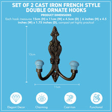 Load image into Gallery viewer, Set of 2 𝗙𝗥𝗘𝗡𝗖𝗛 𝗦𝗧𝗬𝗟𝗘 𝗖𝗔𝗦𝗧 𝗜𝗥𝗢𝗡 𝗗𝗢𝗨𝗕𝗟𝗘 𝗛𝗢𝗢𝗞𝗦 – Duck Egg Blue Ceramic Tops, Wall Coat Hooks for Hallway, Cloakroom, Bedroom