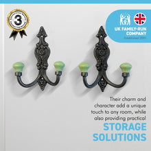 Load image into Gallery viewer, SET OF 2 CAST IRON FRENCH STYLE DOUBLE ORNATE HOOKS | Lime green Ceramic Ball Tops | Cloakroom Hook | Decorative Double Hook, hat and coat hook | 15cm x 11cm.