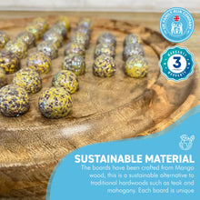 Load image into Gallery viewer, 30cm Diameter MANGO WOOD SOLITAIRE BOARD GAME with SPECKLED GOLDEN SPINOSAURUS GLASS MARBLES | |classic wooden solitaire game | strategy board game | family board game | games for one | board games