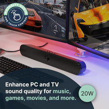 Load image into Gallery viewer, Majority PORTABLE BLUETOOTH PC SOUNDBAR | 20 Watts Powerful Stereo Sound | Portable Speaker with 8 Hours Playback Atlas Bluetooth Sound bar for TV | One Touch Control, USB, SD Card & AUX Playback
