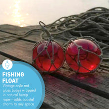 Load image into Gallery viewer, TWO DEEP RED GLASS FISHING FLOAT ORNAMENTAL SEA BUOY | hand blown | nautical seafaring fishing rustic décor | 10cm diameter | with rustic brown string netting and hanging loop | Japanese style glass fishing floats