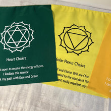 Load image into Gallery viewer, 7 Chakra bunting flags On A String With Affirmation 19 x 25 centimetres and are strung together on a 155-centimeter-long string
