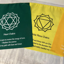 Load image into Gallery viewer, 7 Chakra bunting flags On A String With Affirmation 19 x 25 centimetres and are strung together on a 155-centimeter-long string