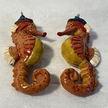 Load image into Gallery viewer, Pair of ceramic cute bobble hat Seahorse hanging ornaments | Light Pulls | Nautical Theme ceramic Cord Pull Light Pulls