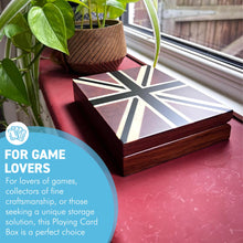 Load image into Gallery viewer, Hand Carved Sheesham Wood Union Jack Card Box,  Premium Storage Case with Green Baize Lining & 2 Decks of Playing Cards