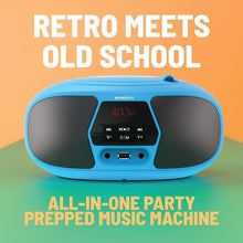 Load image into Gallery viewer, Oakcastle CD200 PORTABLE CD PLAYER BOOMBOX with Bluetooth & FM Radio, 3.5mm AUX headphone jack and USB input, mains and battery music system for adults and children with stereo sound speakers